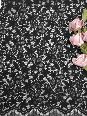 3D 57 Inch Black Floral Corded Lace Fabric With Soft Handfeel