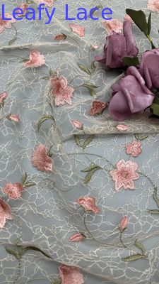 Leafy Embroidery Lace Fabric Floral Elegent 100% Cotton For Dress
