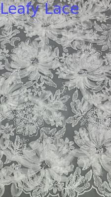 White Floral Lace Fabric For Gowns Mesh Ground  Intricate Embroidery With Subtle Character