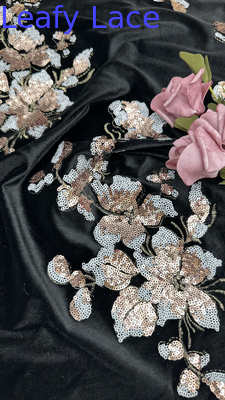 Velvet-Flocked Lace With Sequins Luxurious Textured Fabric For Glamorous Evening Gowns And Couture Creations