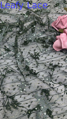 Black Sequin Embroidered Floral Mesh Fabric Sheer Elegance with Subtle Shine For New Collection