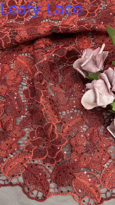 Leafy Red Color Embroidered Sequin Mesh Fabric Featherlight Luxury Fabric For Ethereal Carpet Dresses