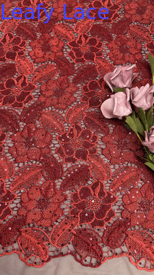 Leafy Red Color Embroidered Sequin Mesh Fabric Featherlight Luxury Fabric For Ethereal Carpet Dresses
