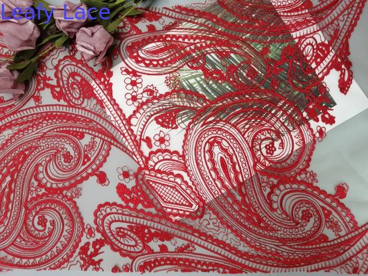 Red Tulle Mesh Bridal Dress Embroidery Paisley Lace Fabric