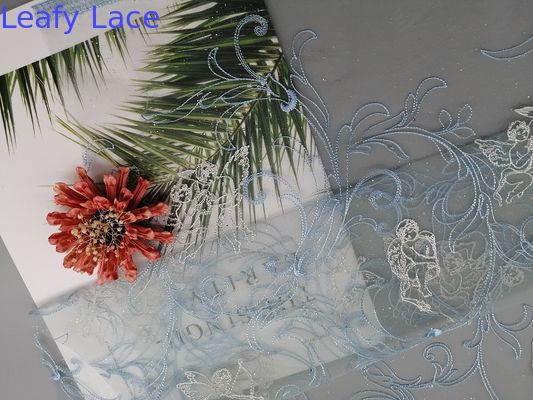 49" Bule Tulle Foil Coated Embroidered Mesh Lace Fabric