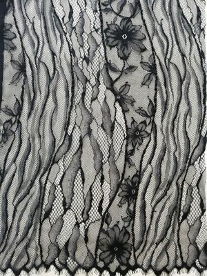 Black Lurex Metallic Flower Line French Chantilly Lace Fabric