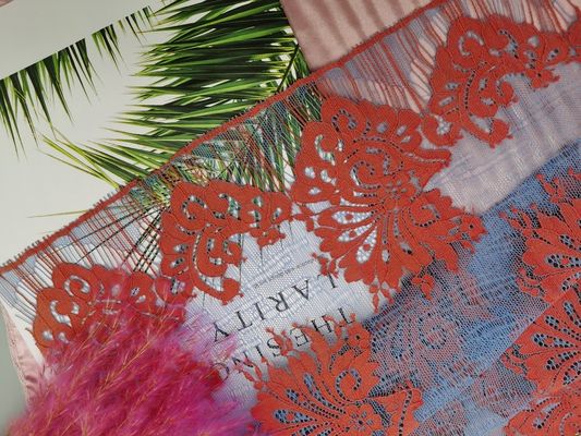 Red Eyelash Scallop Edge Floral Embroidered Mesh Fabric