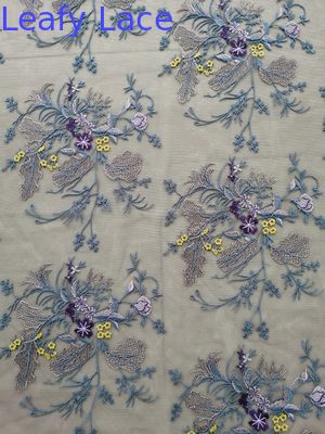 Polyester Purple Tulle Floral Embroidered Mesh Fabric By The Yard