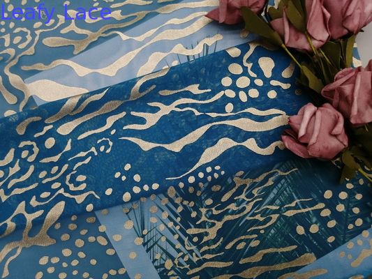 Party Blue Metallic Tulle Mesh Foil Printed Fabric