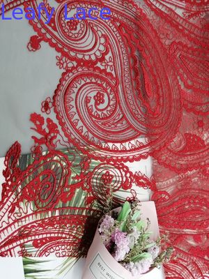 Red Tulle Mesh Bridal Dress Embroidery Paisley Lace Fabric