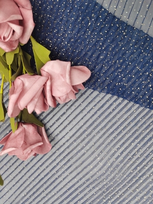 Navy Glitter Tulle Mesh Pleating Foil Printed Fabric