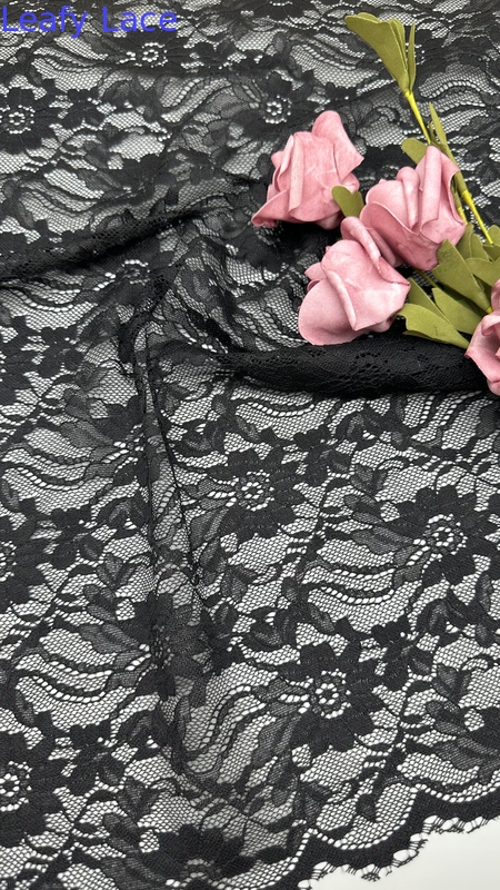 55 Inch Nylon Spandex Width Black Color Elegant Design Stretch Floral Corded Elastic Lace Fabric With Scallop For Fashion Women Clothing