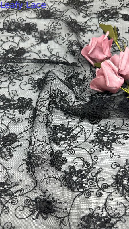 Leafy BLack Lace Durable And Elegant Embroidery Luxary Flower 100% Knit Embroidery Fabric Lace Fabric Wedding Birthday Occasion Beautiful Dress