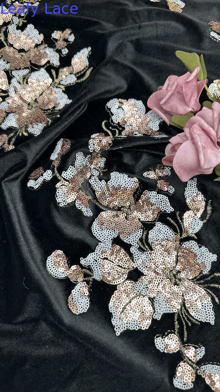 Velvet-Flocked Lace With Sequins Luxurious Textured Fabric For Glamorous Evening Gowns And Couture Creations