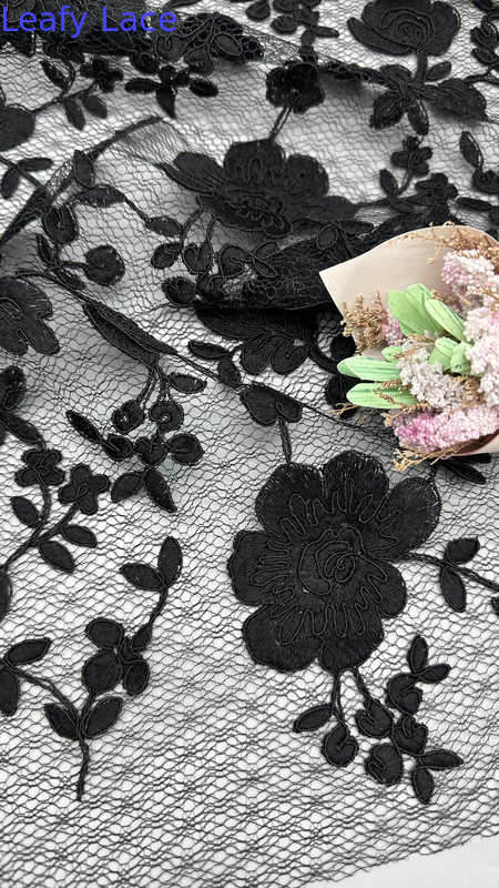 Leafy Embroidered Lace Mesh Baroque Floral Patterns for Romantic Formal Gowns