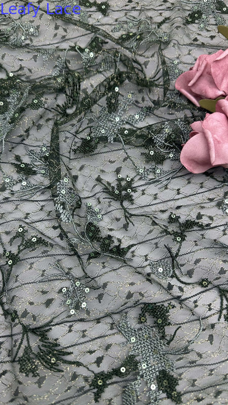 Black Sequin Embroidered Floral Mesh Fabric Sheer Elegance with Subtle Shine For New Collection