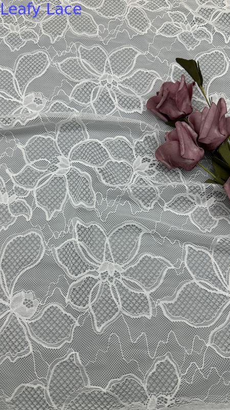 Leafy White Lace Embroidered Fabric Floral Patterns Mesh Ground For Wedding Dresses