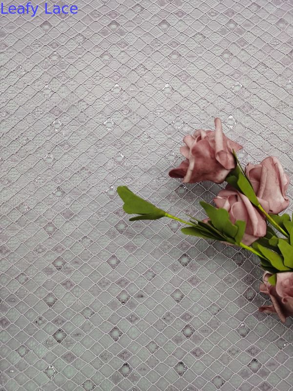 Purple Color Embroidered Lace Fabric Diamond Type Lattice Pattern Mesh