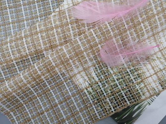 Tessuto cachi del pizzo del vestito dalla ragazza di Mesh Corded Sequin Embroidered Fabric