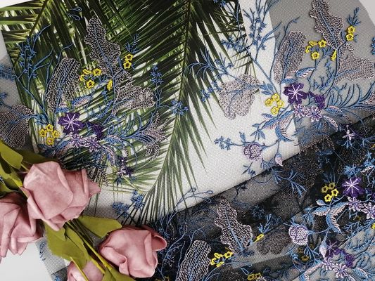Poliestere Tulle porpora Mesh Fabric By The Yard ricamato floreale